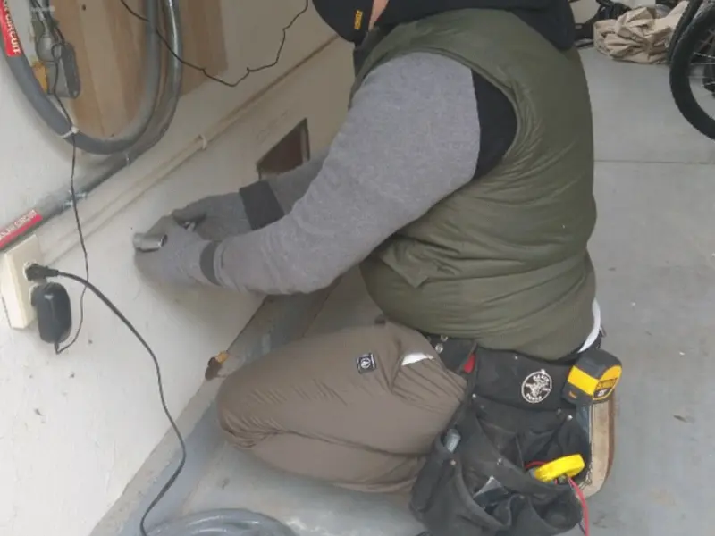 Electrician performing outlet wiring in a Highland garage